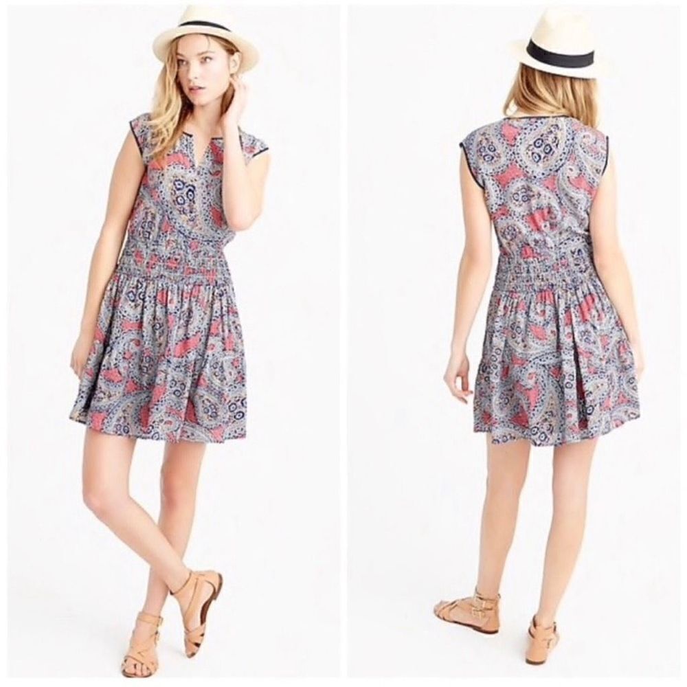 J. Crew Paisley Smocked Waist Dress Silk Sleeveless Mini Lined Women 6 Blue Pink